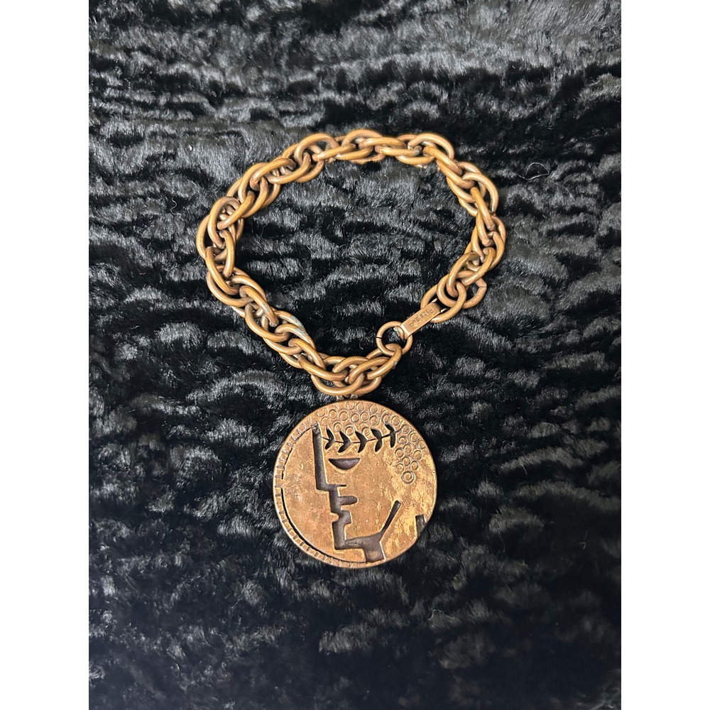 Vintage Rebajes Copper Modernist Face Medallion Bracelet Mid Century Brutalist